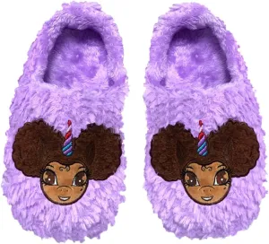 Afro Puff Unicorn Princess Purple Plush Slipper - Light Brown with Brown Hair