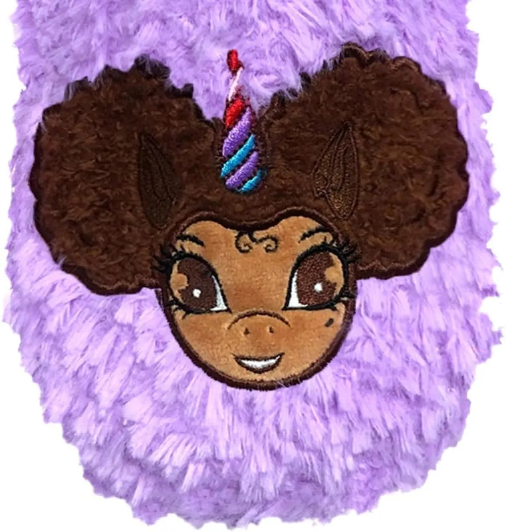 Afro Puff Unicorn Princess Purple Plush Slipper - Light Brown with Brown Hair