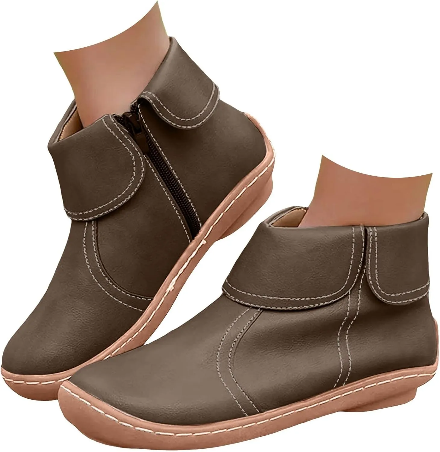 Ankle Boots for Women No Heel Dressy Vintage Leather Side Zipper 2024 Arch Support New Damping Boots Shoes Leather Booties