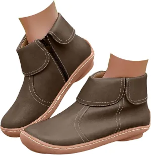 Ankle Boots for Women No Heel Dressy Vintage Leather Side Zipper 2024 Arch Support New Damping Boots Shoes Leather Booties