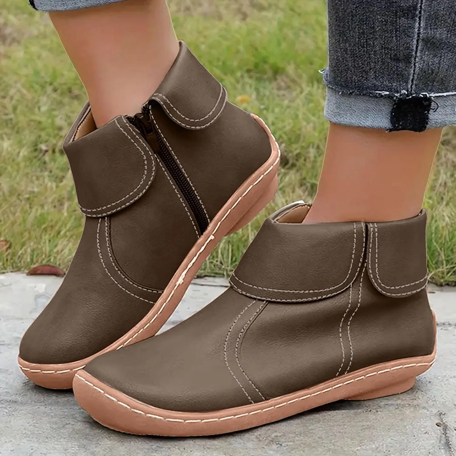 Ankle Boots for Women No Heel Dressy Vintage Leather Side Zipper 2024 Arch Support New Damping Boots Shoes Leather Booties