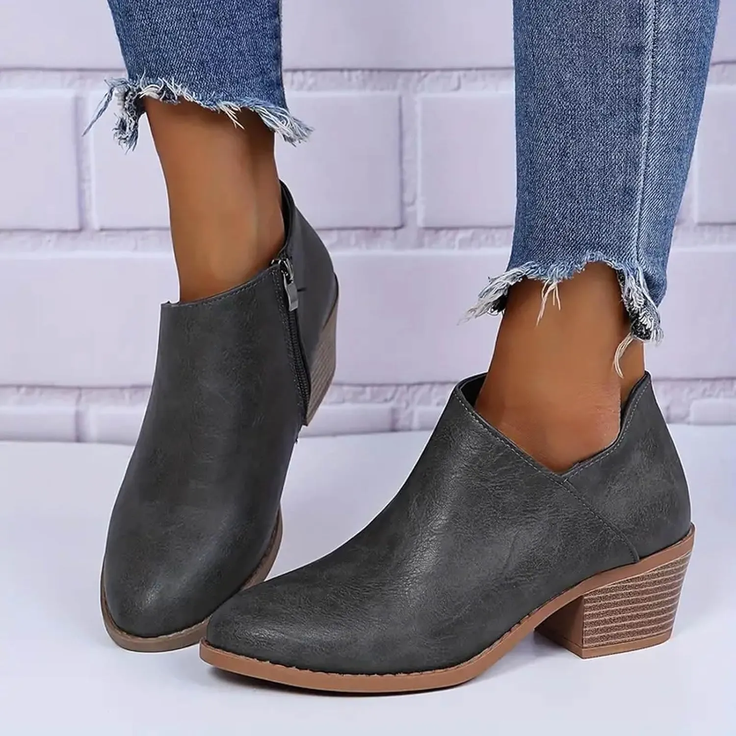 Ankle Boots for Women Women's Ankle Chelsea Pointed Toe Fall Boots Faux Leather Women Low Chunky Heeled Side Zip Booties