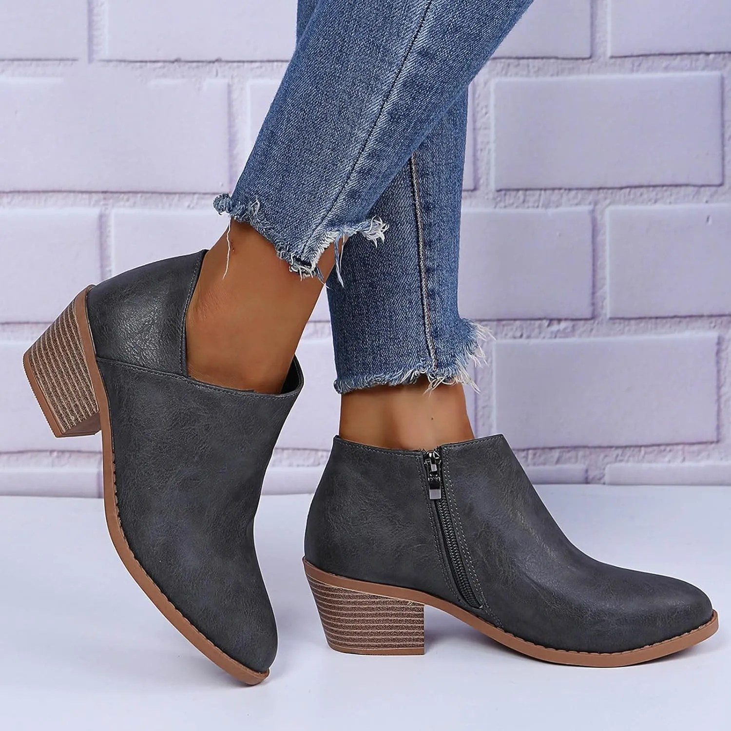 Ankle Boots for Women Women's Ankle Chelsea Pointed Toe Fall Boots Faux Leather Women Low Chunky Heeled Side Zip Booties