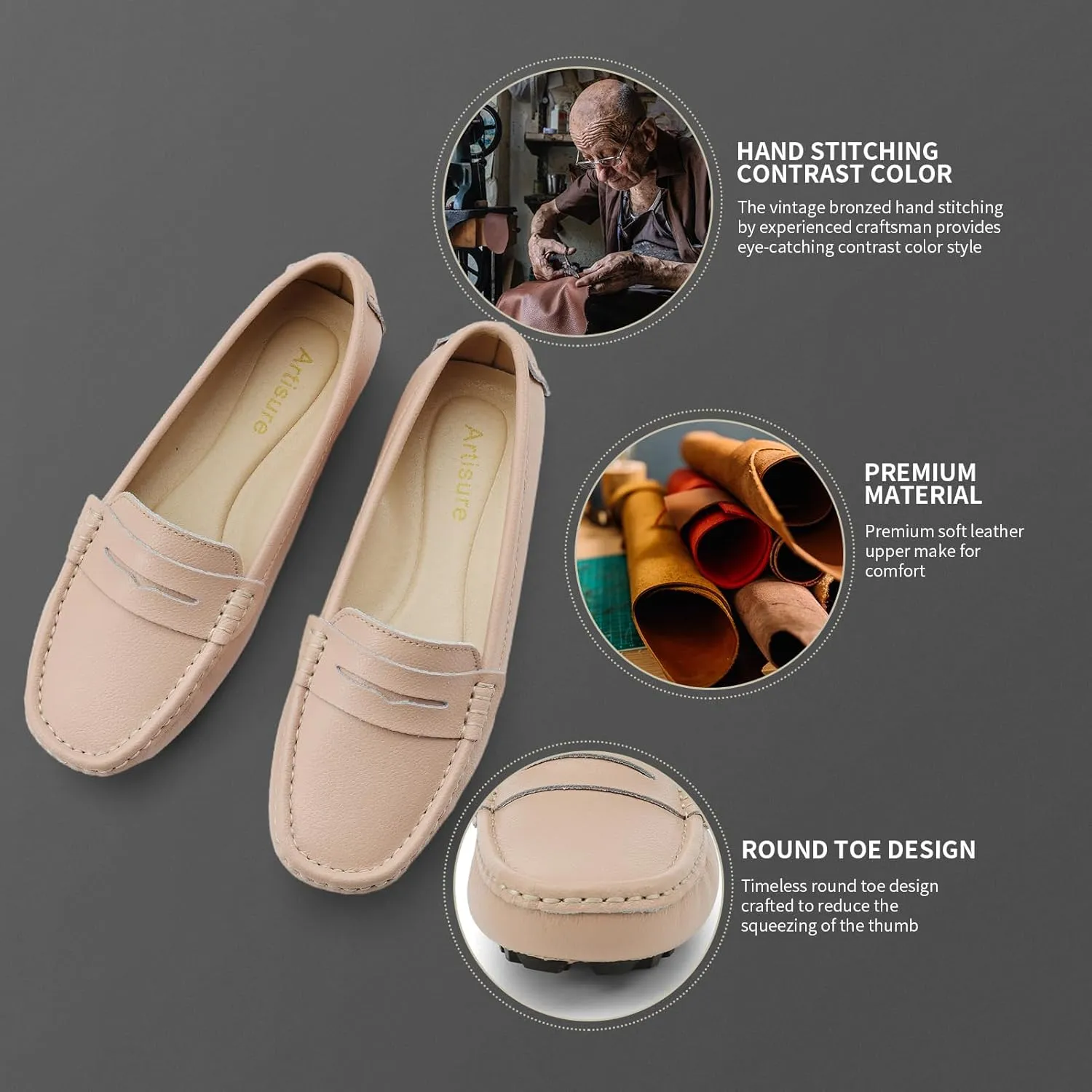 Artisure Women's Classic Comfort Leather Penny Loafers Casual Slip-Ons Lightweight Walking Flats Driving Mocs Boat Shoes