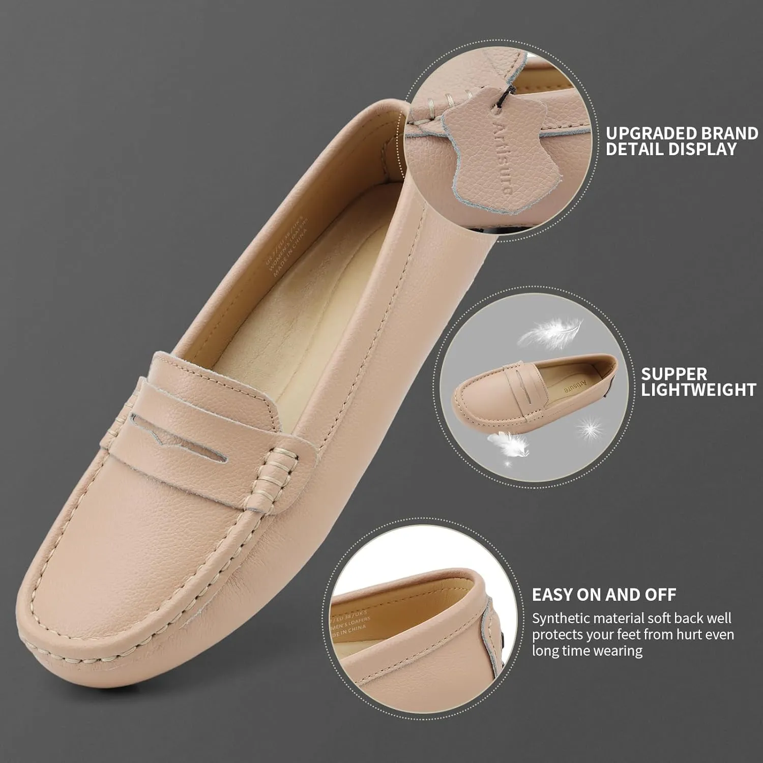 Artisure Women's Classic Comfort Leather Penny Loafers Casual Slip-Ons Lightweight Walking Flats Driving Mocs Boat Shoes