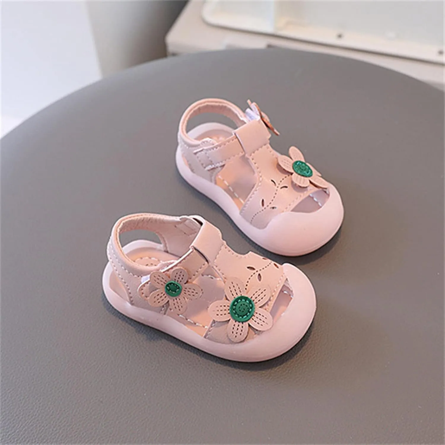 Baby Girls Closed Toe Sandals with Flower Infant Lightweight Rubber Soft Sole Non-Slip Cute Flat Shoes for Toddler