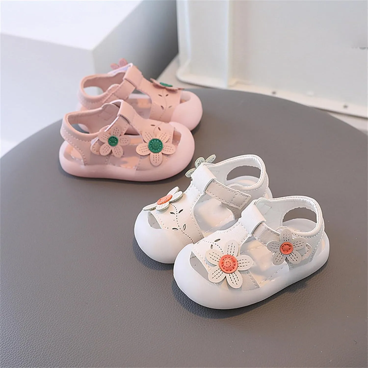 Baby Girls Closed Toe Sandals with Flower Infant Lightweight Rubber Soft Sole Non-Slip Cute Flat Shoes for Toddler