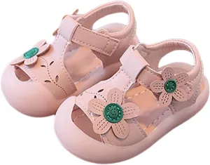 Baby Girls Closed Toe Sandals with Flower Infant Lightweight Rubber Soft Sole Non-Slip Cute Flat Shoes for Toddler