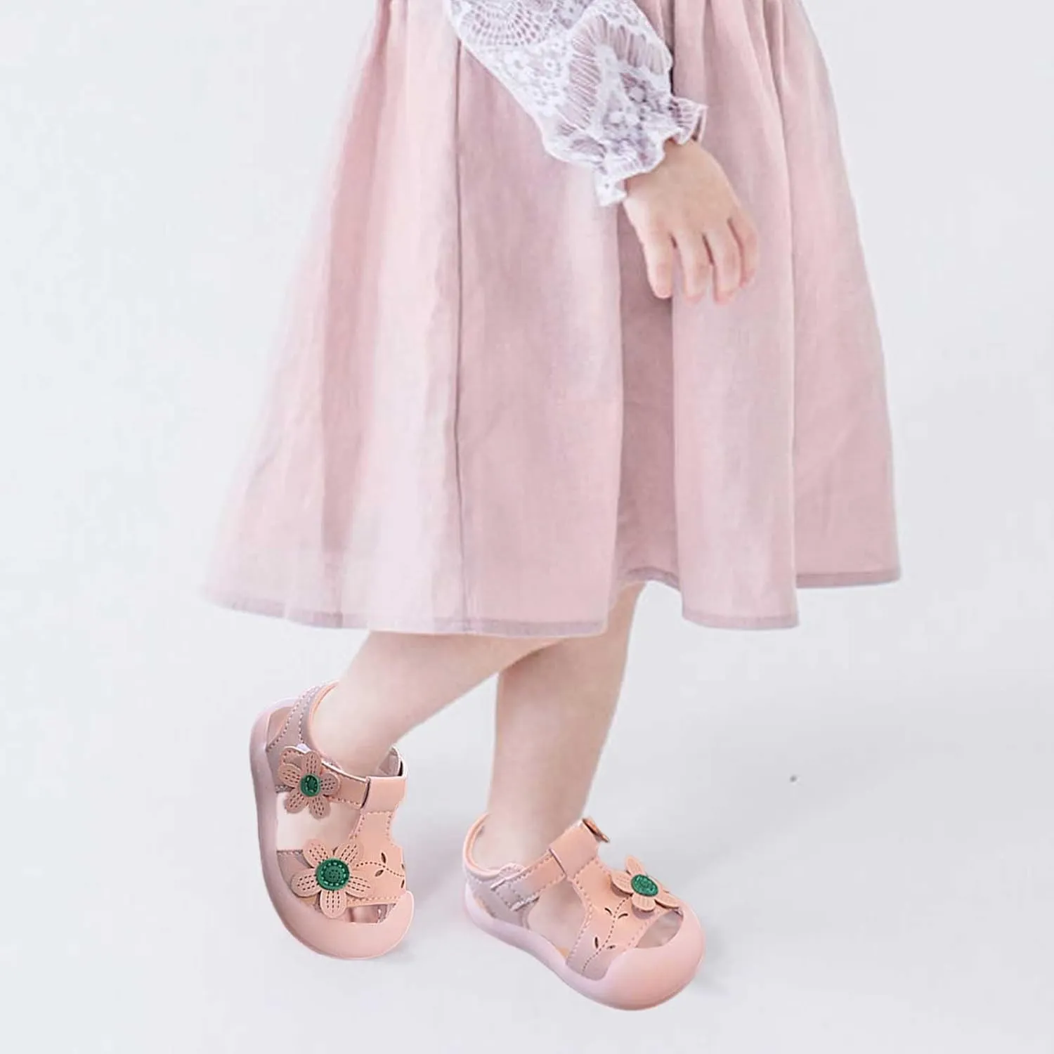 Baby Girls Closed Toe Sandals with Flower Infant Lightweight Rubber Soft Sole Non-Slip Cute Flat Shoes for Toddler