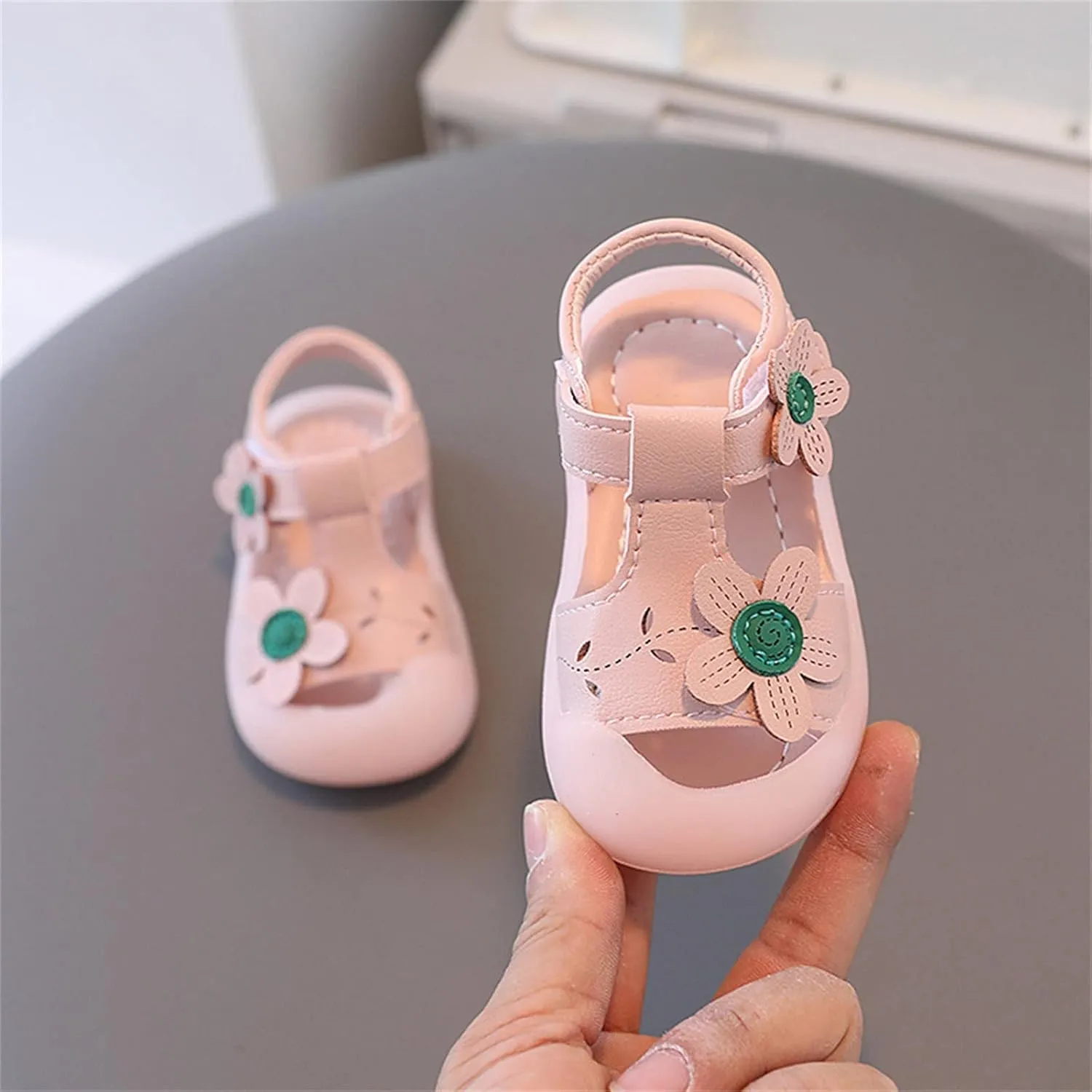Baby Girls Closed Toe Sandals with Flower Infant Lightweight Rubber Soft Sole Non-Slip Cute Flat Shoes for Toddler