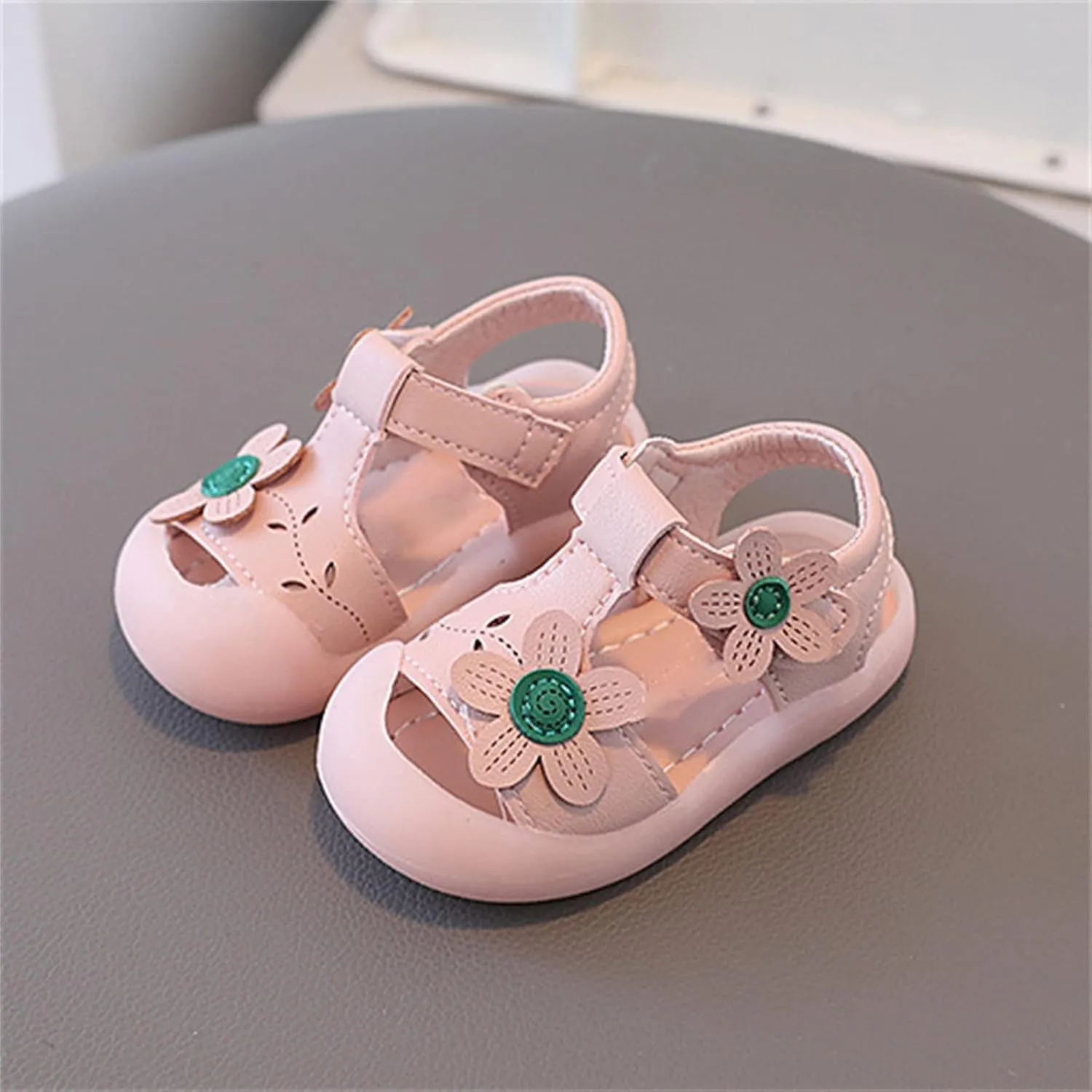 Baby Girls Closed Toe Sandals with Flower Infant Lightweight Rubber Soft Sole Non-Slip Cute Flat Shoes for Toddler