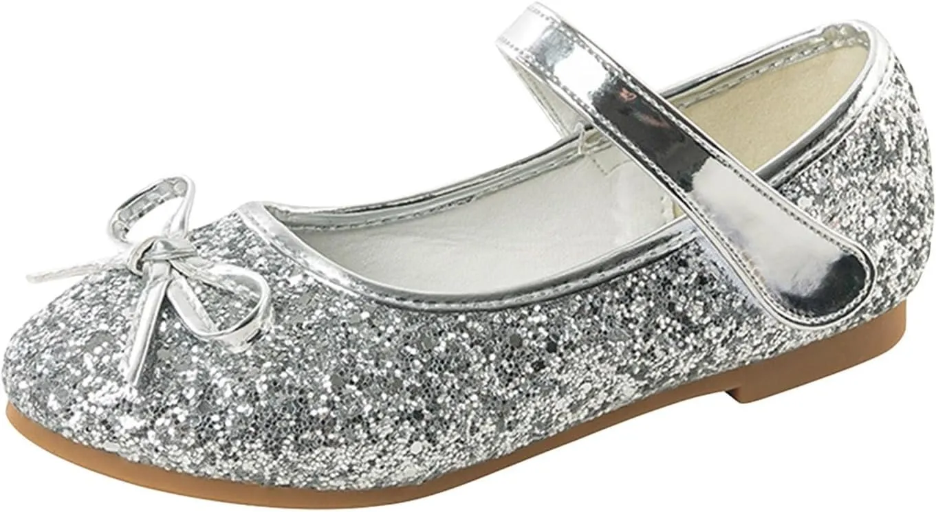 Baby Girls Glitter Bow Dress Dance Shoes Sandals 𝗟ow Heels Rubber Soft Sole Non Slip Princess Shoes Pearl Sequins Loafers