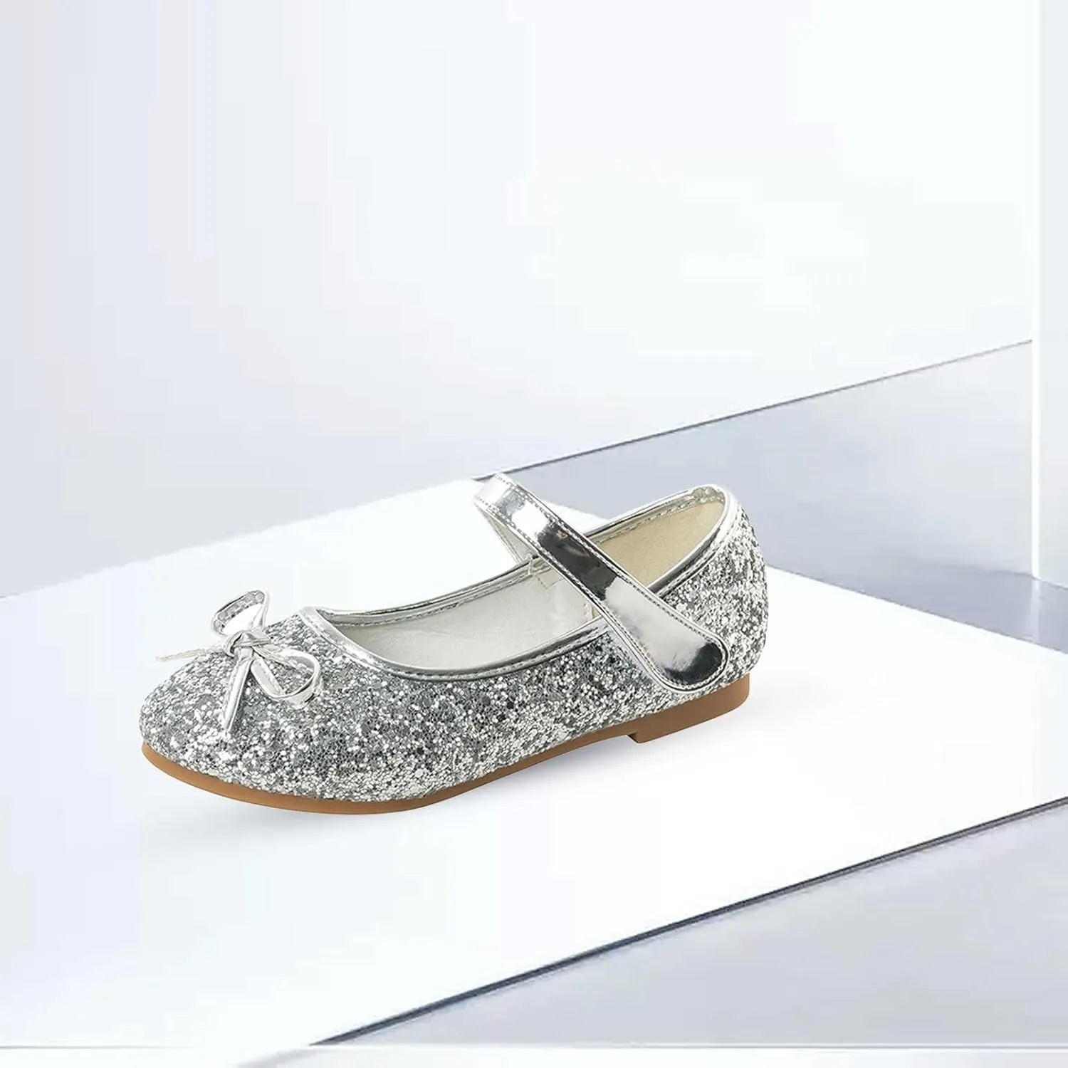 Baby Girls Glitter Bow Dress Dance Shoes Sandals 𝗟ow Heels Rubber Soft Sole Non Slip Princess Shoes Pearl Sequins Loafers