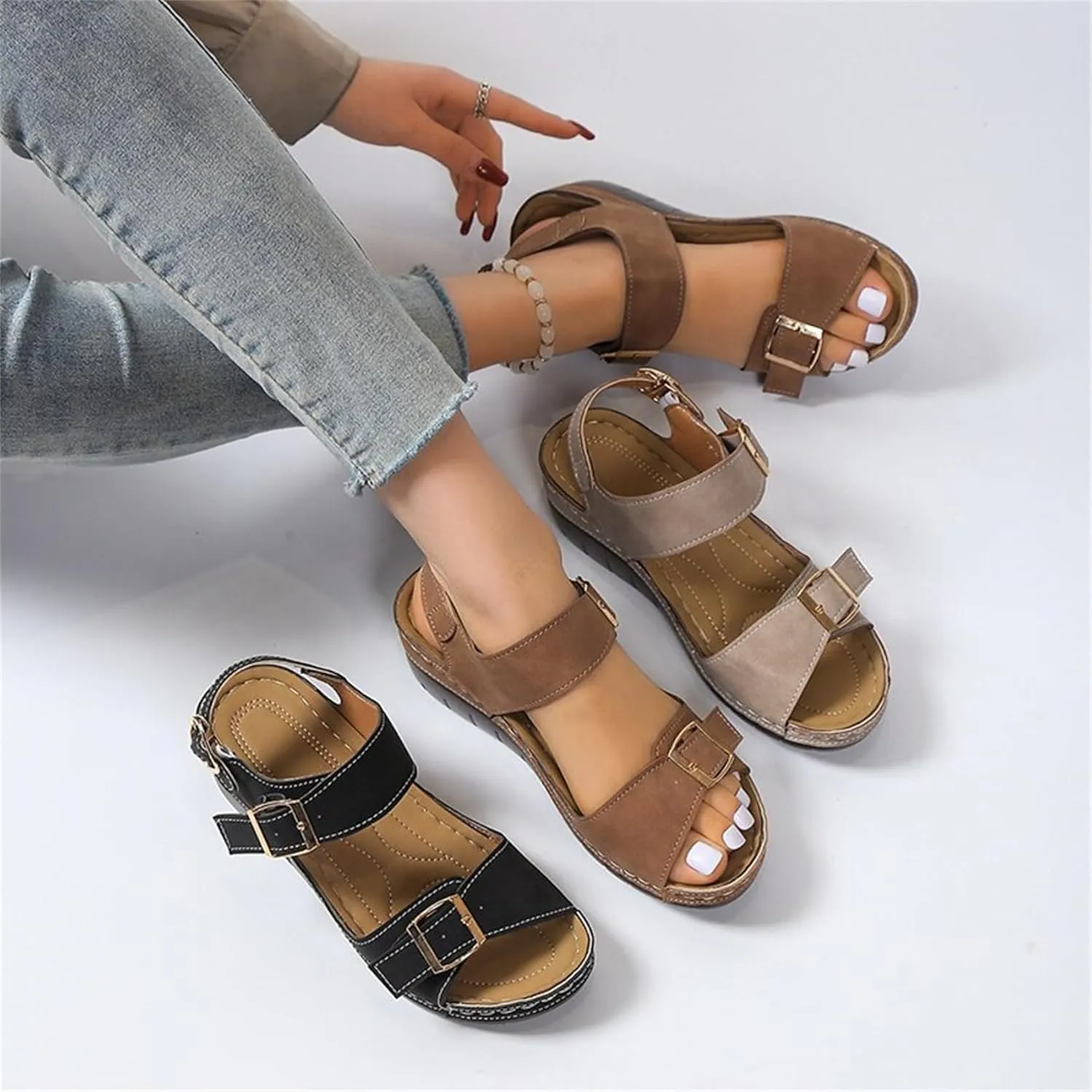 BBPM Women's Summer Arch Support Sandals Adjustable Hook Loop Casual Platform Sandals Comfort Elastic Slip-on Light Weight Slingback Casual Walking Sandals