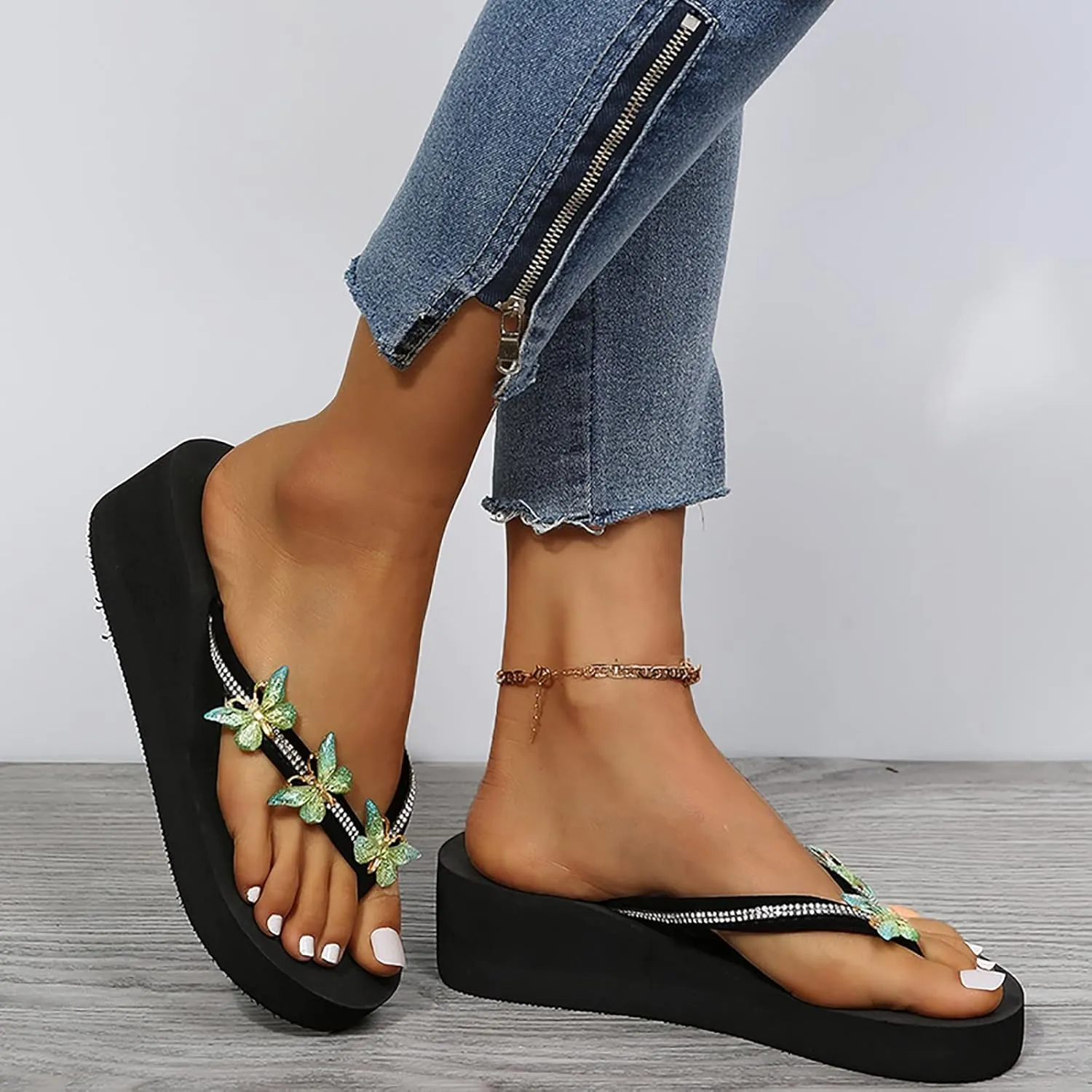 Black Sandals Women Platform Ladies Fashion Summer Flip Flops Casual Rhinestone Butterfly Sandals