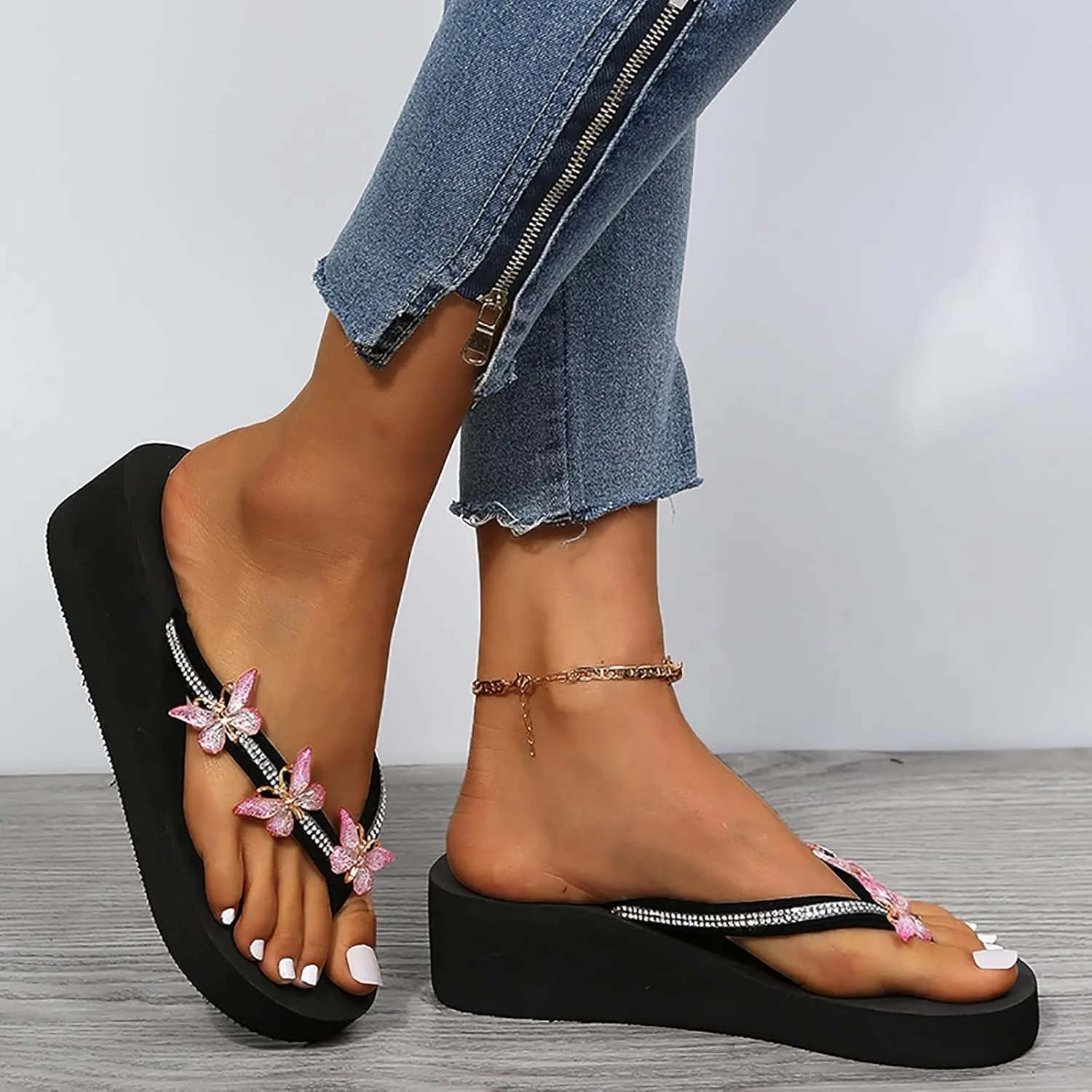 Black Sandals Women Platform Ladies Fashion Summer Flip Flops Casual Rhinestone Butterfly Sandals