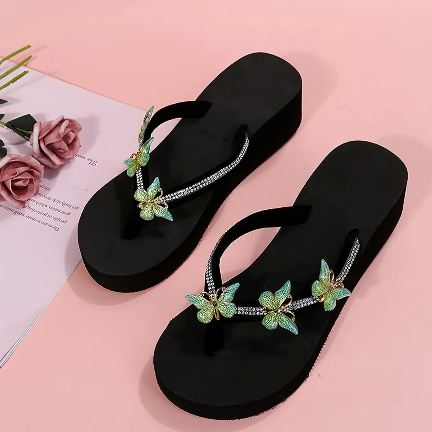 Black Sandals Women Platform Ladies Fashion Summer Flip Flops Casual Rhinestone Butterfly Sandals