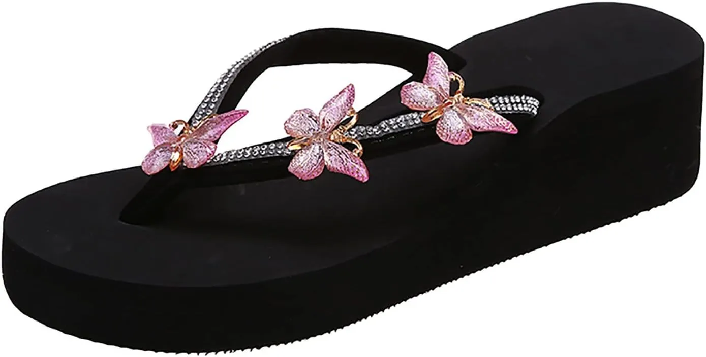 Black Sandals Women Platform Ladies Fashion Summer Flip Flops Casual Rhinestone Butterfly Sandals