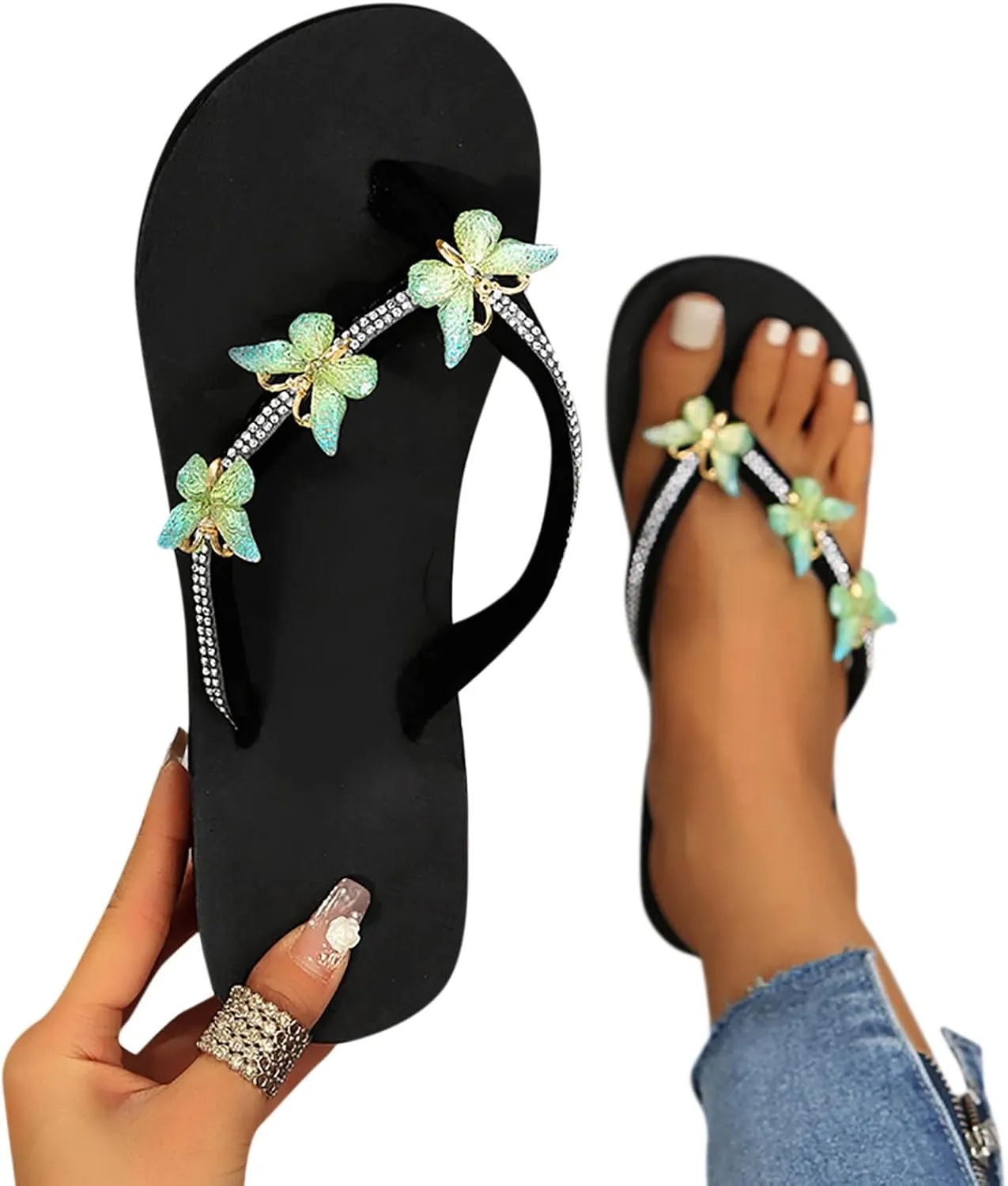 Black Sandals Women Platform Ladies Fashion Summer Flip Flops Casual Rhinestone Butterfly Sandals