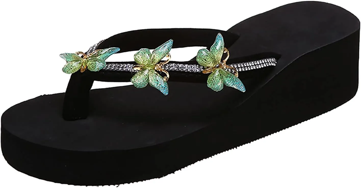 Black Sandals Women Platform Ladies Fashion Summer Flip Flops Casual Rhinestone Butterfly Sandals