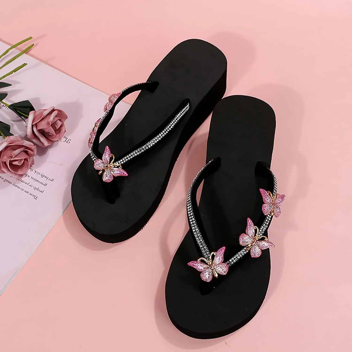 Black Sandals Women Platform Ladies Fashion Summer Flip Flops Casual Rhinestone Butterfly Sandals