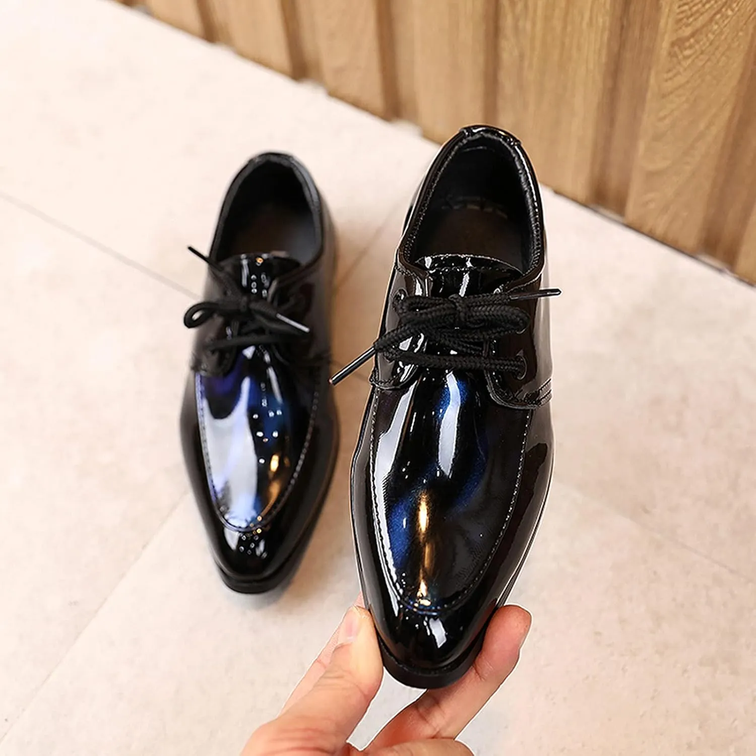Boy's Classic Dress Shoes Pointed Toe Patent Formal Oxfords Dress Shoes Lace Up Wedding Prom Footwear for Boys