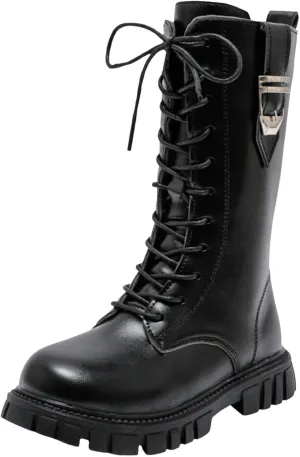 Boys Girls Mid Calf Combat Boots Faux Leather Lace up Boots Side Zipper Riding Winter Boots Toddler/Little/Big Kid