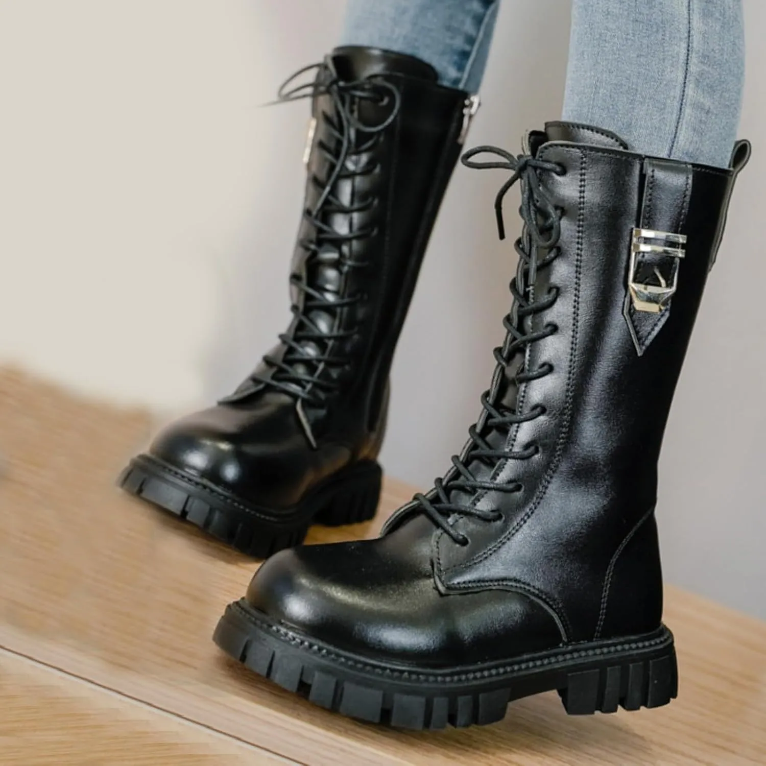 Boys Girls Mid Calf Combat Boots Faux Leather Lace up Boots Side Zipper Riding Winter Boots Toddler/Little/Big Kid