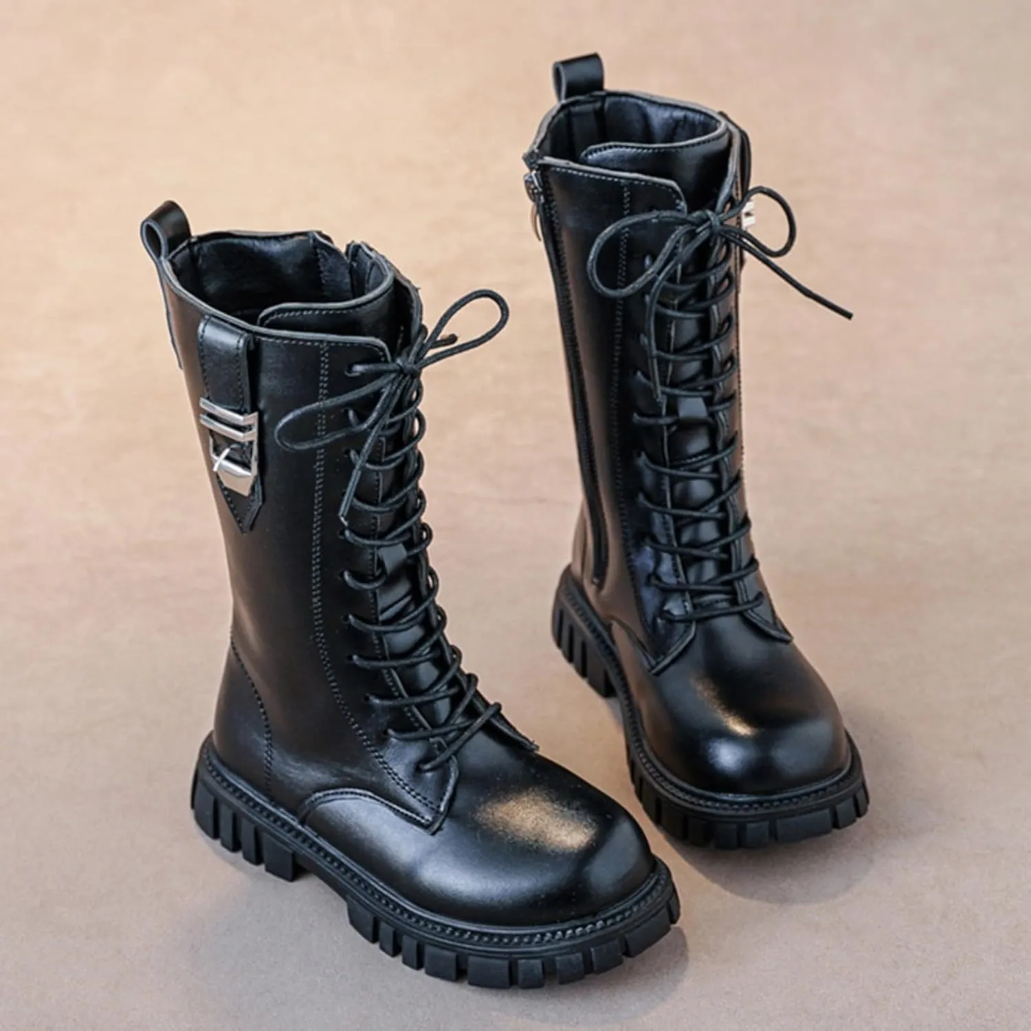 Boys Girls Mid Calf Combat Boots Faux Leather Lace up Boots Side Zipper Riding Winter Boots Toddler/Little/Big Kid
