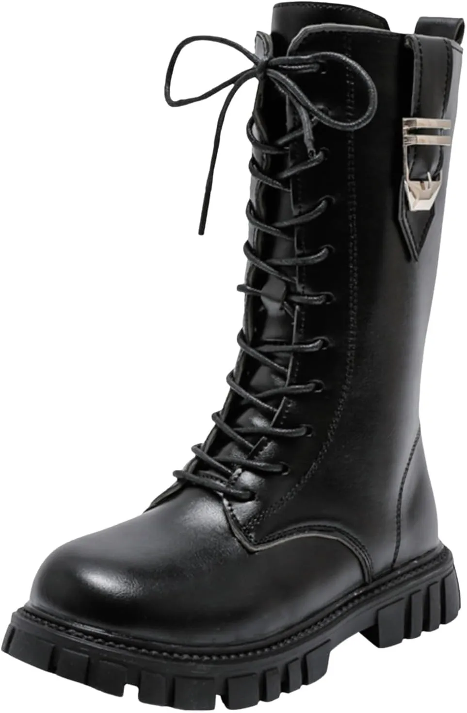 Boys Girls Mid Calf Combat Boots Faux Leather Lace up Boots Side Zipper Riding Winter Boots Toddler/Little/Big Kid