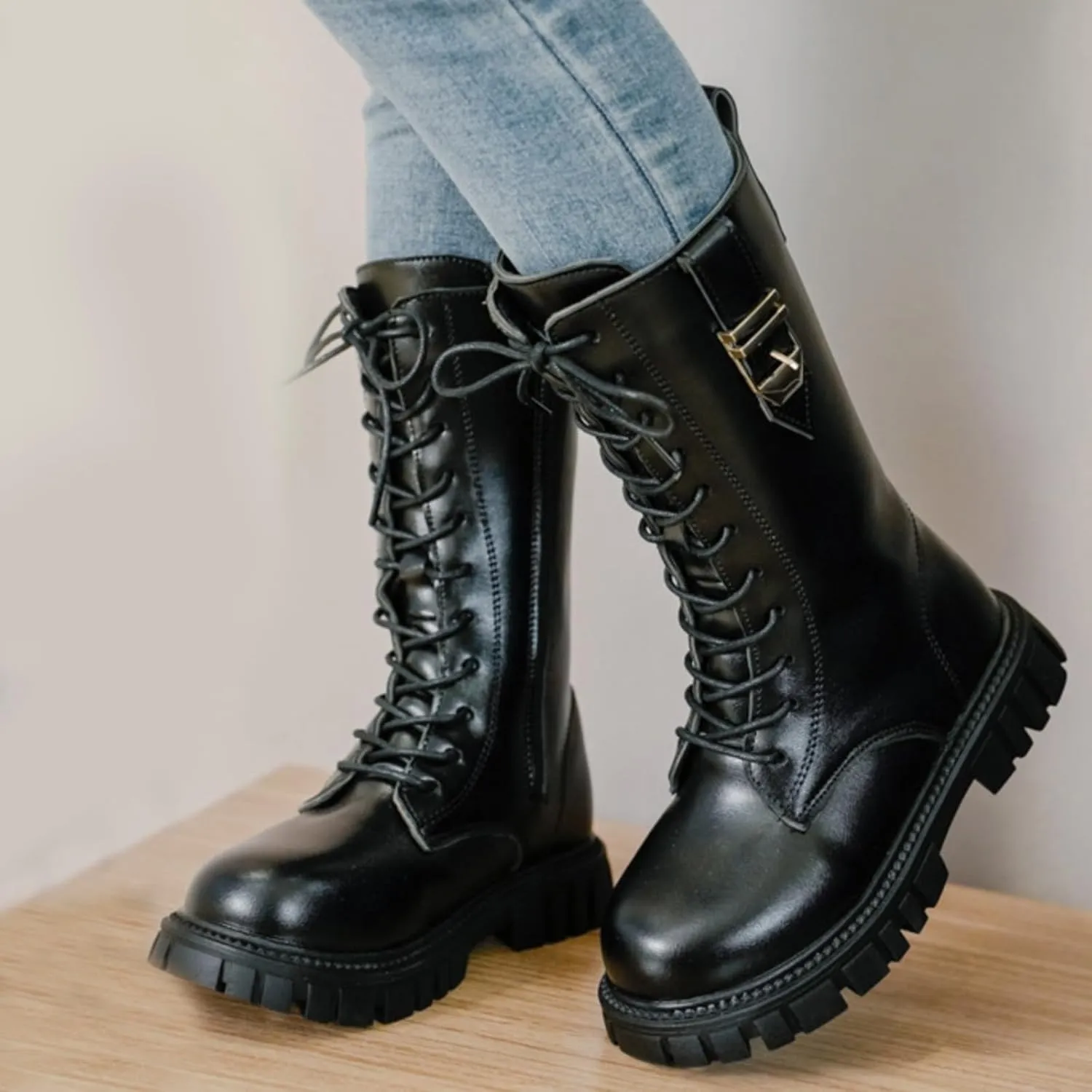 Boys Girls Mid Calf Combat Boots Faux Leather Lace up Boots Side Zipper Riding Winter Boots Toddler/Little/Big Kid