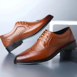 Brown Pointed Toe Breathable Leather Shoes Men Brogue Wingtip Retro Dress Shoes Fashionable Lace-up Oxford