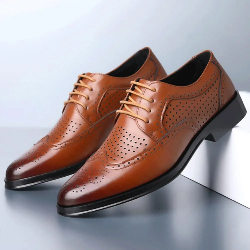 Brown Pointed Toe Breathable Leather Shoes Men Brogue Wingtip Retro Dress Shoes Fashionable Lace-up Oxford