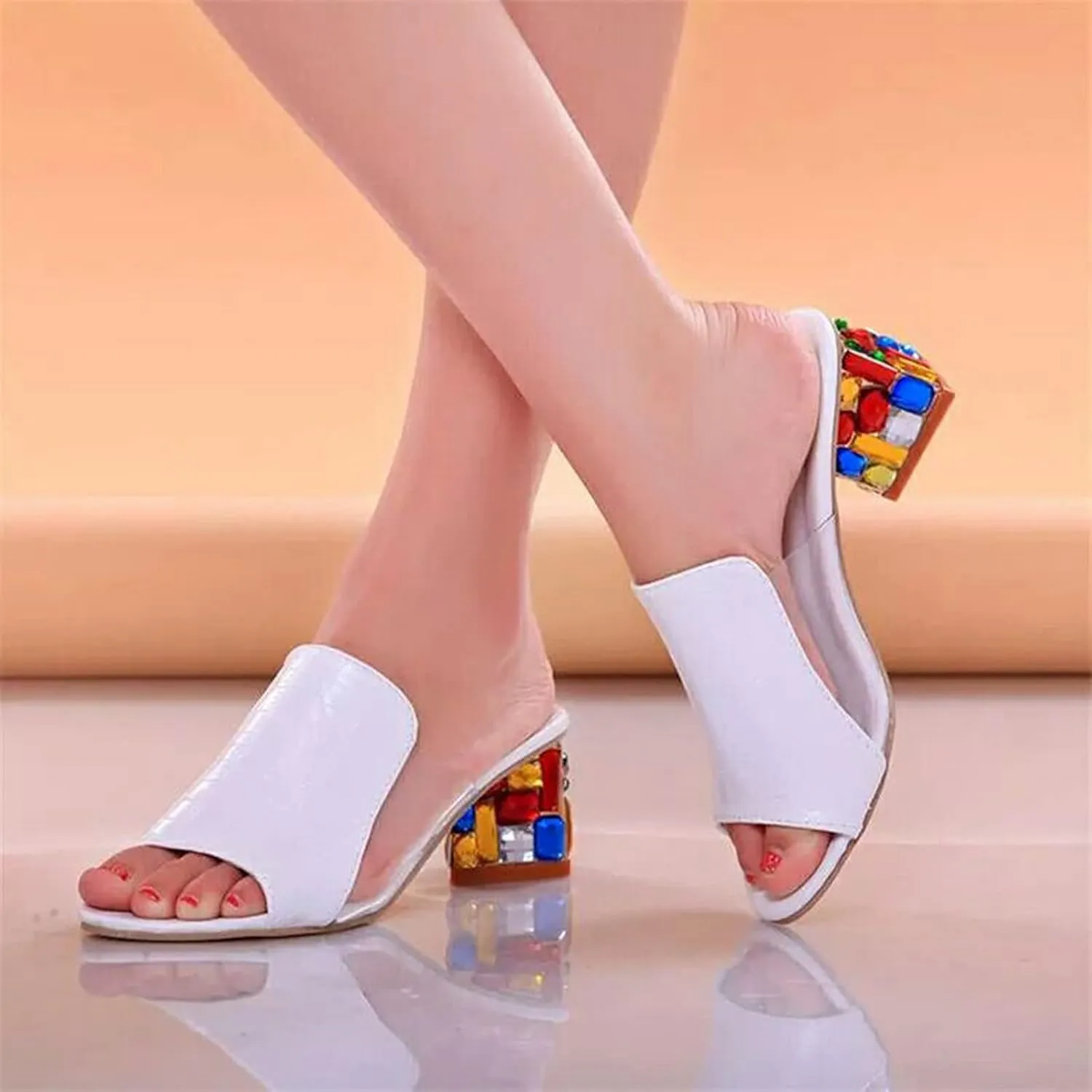 Casual Shoes Women's Gemstone High Heel Sandals Casual Slides Open Toe Open Toe Sandals Summer Shoes (White, 9)