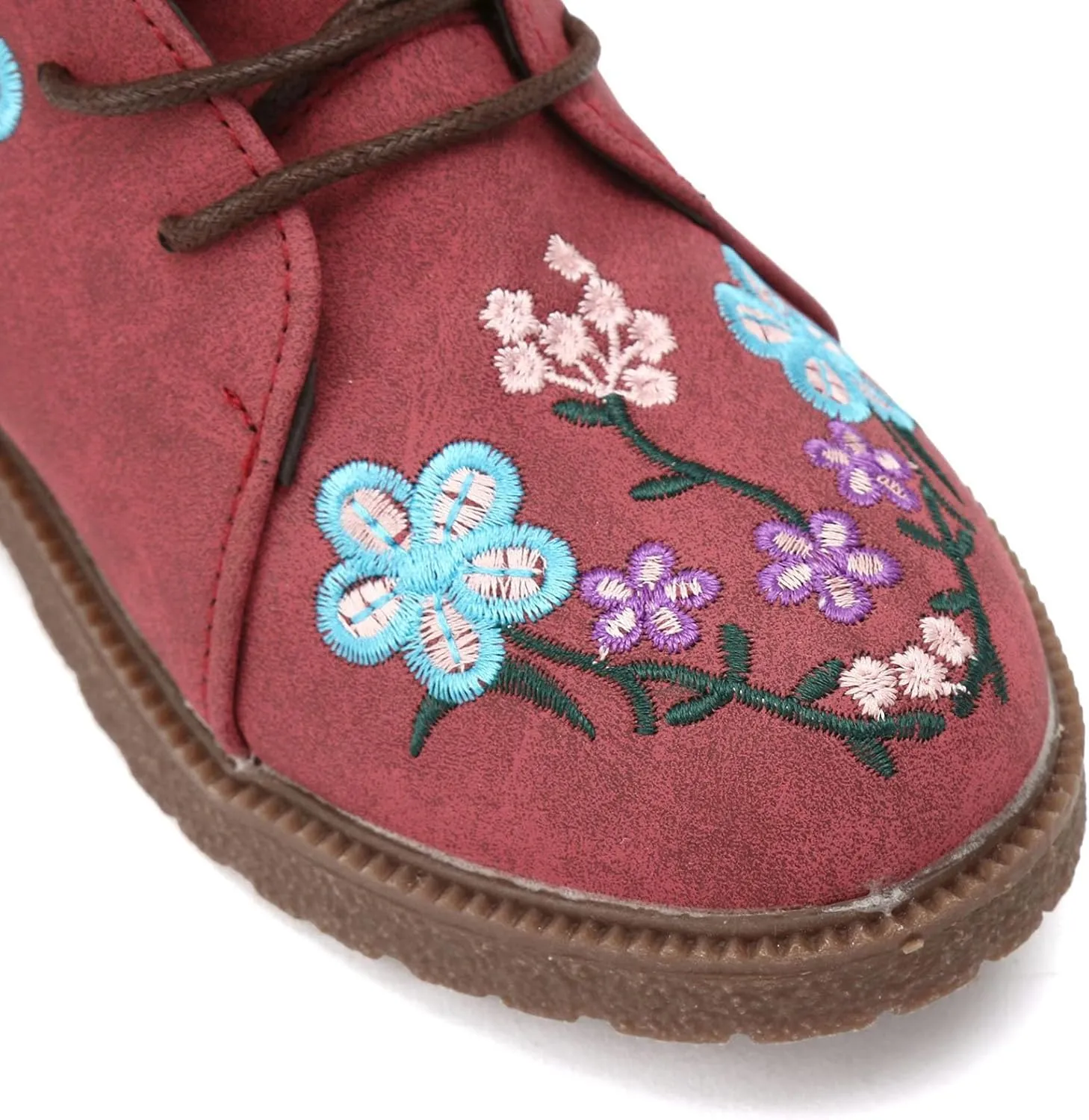 Cathalem Combat Boots For Women Ethnic Vintage Flower Design Lace Up Leather Chunky Block Mid Heels Ankle Booties