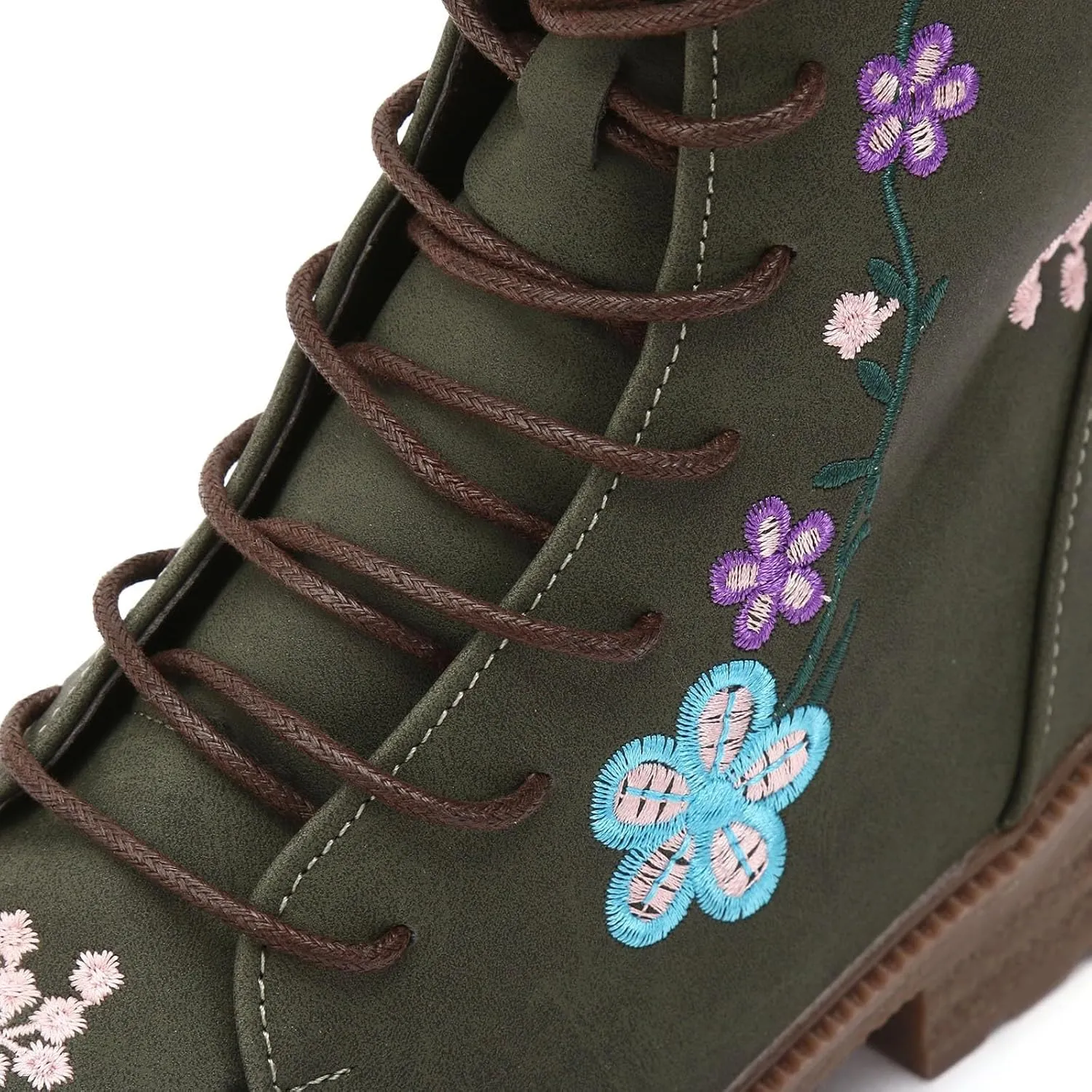 Cathalem Combat Boots For Women Ethnic Vintage Flower Design Lace Up Leather Chunky Block Mid Heels Ankle Booties