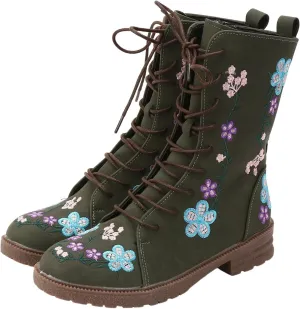 Cathalem Combat Boots For Women Ethnic Vintage Flower Design Lace Up Leather Chunky Block Mid Heels Ankle Booties