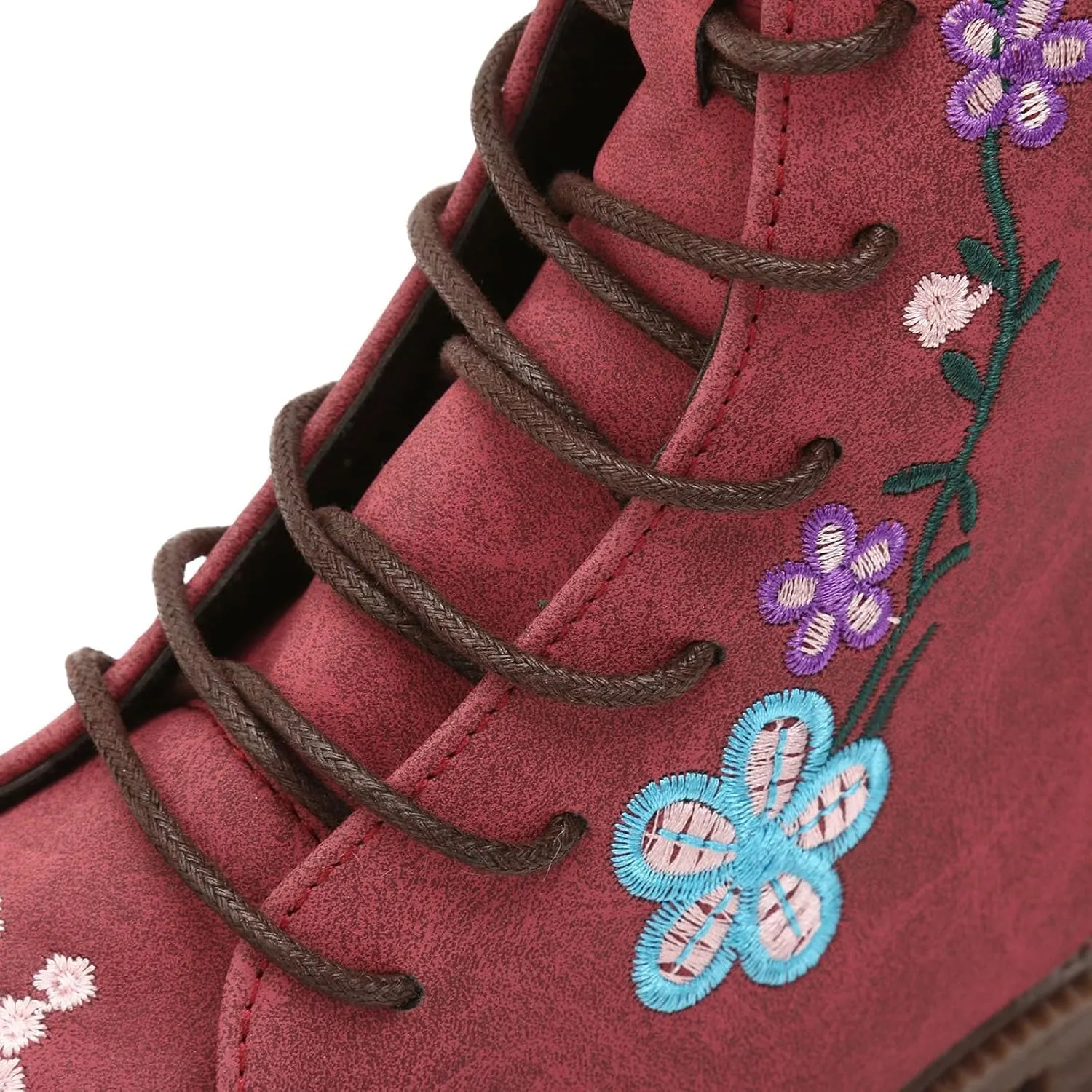 Cathalem Combat Boots For Women Ethnic Vintage Flower Design Lace Up Leather Chunky Block Mid Heels Ankle Booties