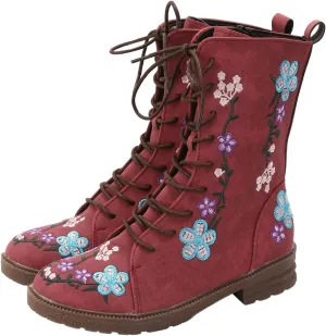 Cathalem Combat Boots For Women Ethnic Vintage Flower Design Lace Up Leather Chunky Block Mid Heels Ankle Booties