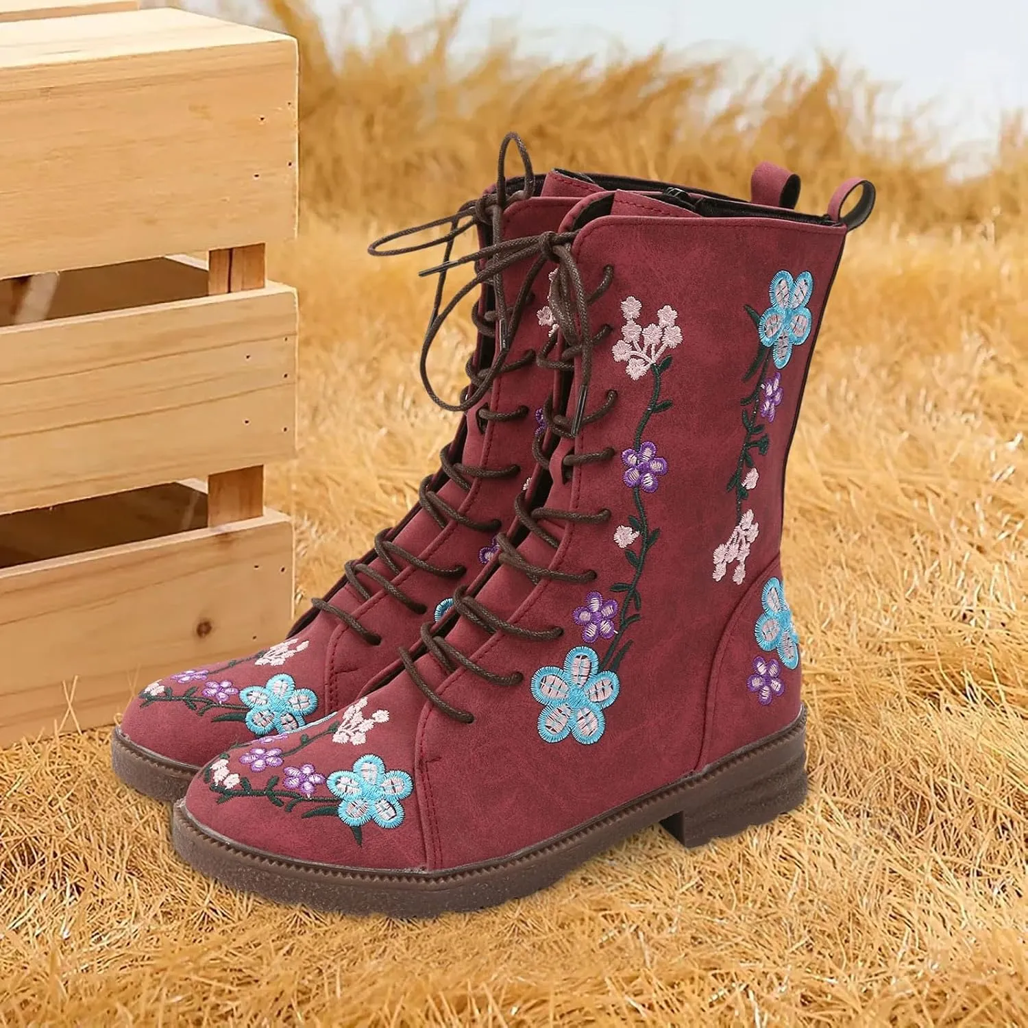 Cathalem Combat Boots For Women Ethnic Vintage Flower Design Lace Up Leather Chunky Block Mid Heels Ankle Booties