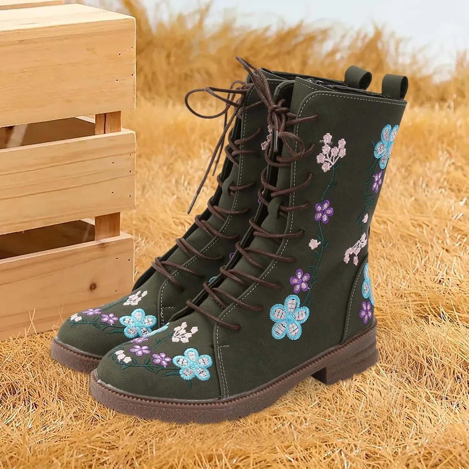 Cathalem Combat Boots For Women Ethnic Vintage Flower Design Lace Up Leather Chunky Block Mid Heels Ankle Booties