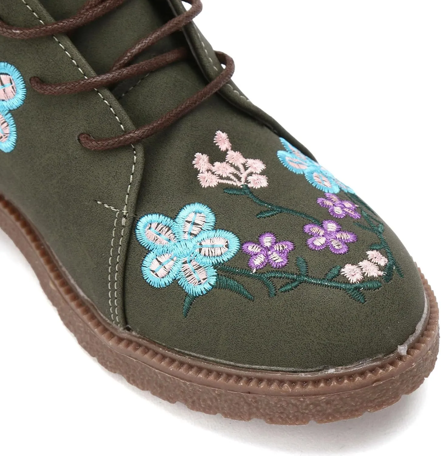 Cathalem Combat Boots For Women Ethnic Vintage Flower Design Lace Up Leather Chunky Block Mid Heels Ankle Booties