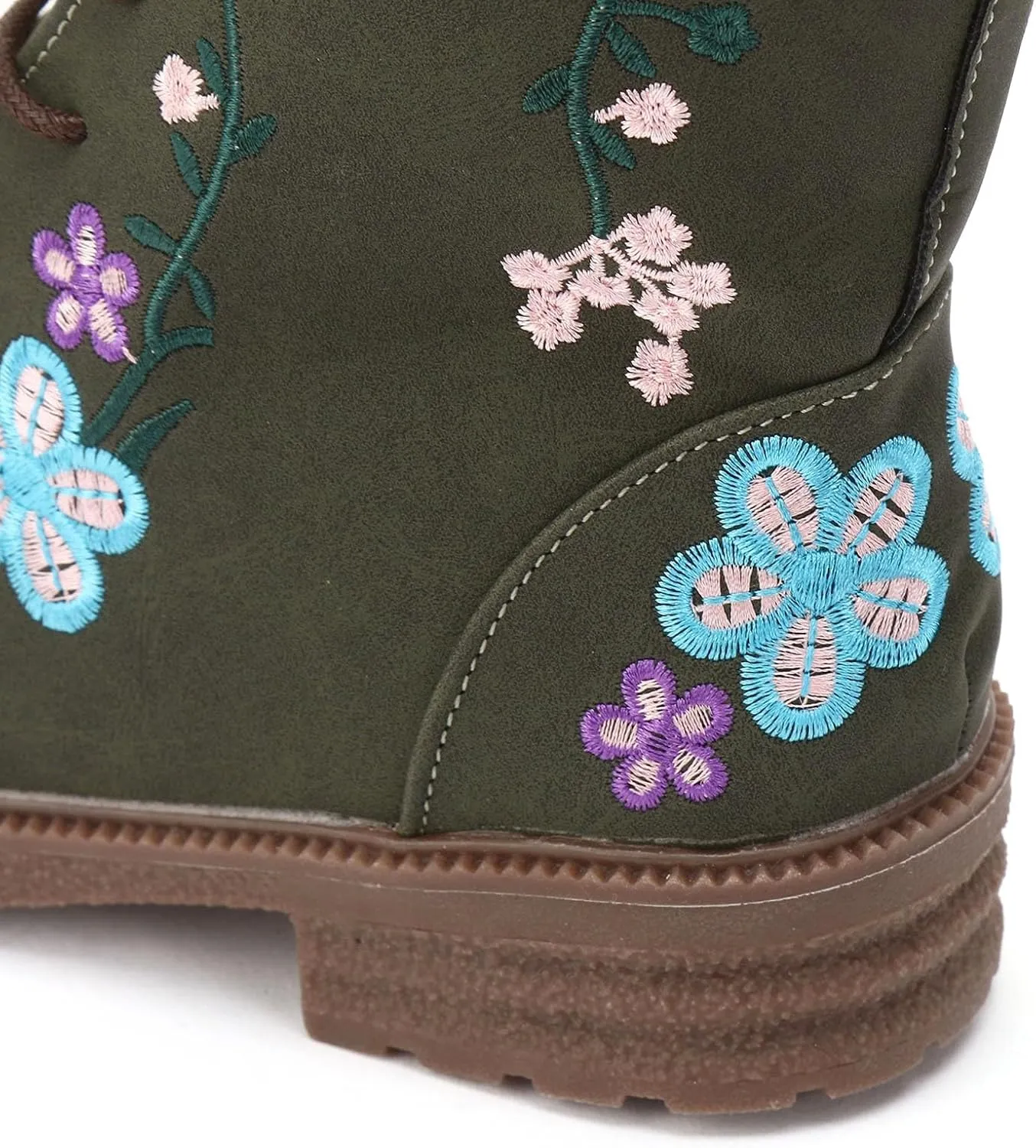 Cathalem Combat Boots For Women Ethnic Vintage Flower Design Lace Up Leather Chunky Block Mid Heels Ankle Booties