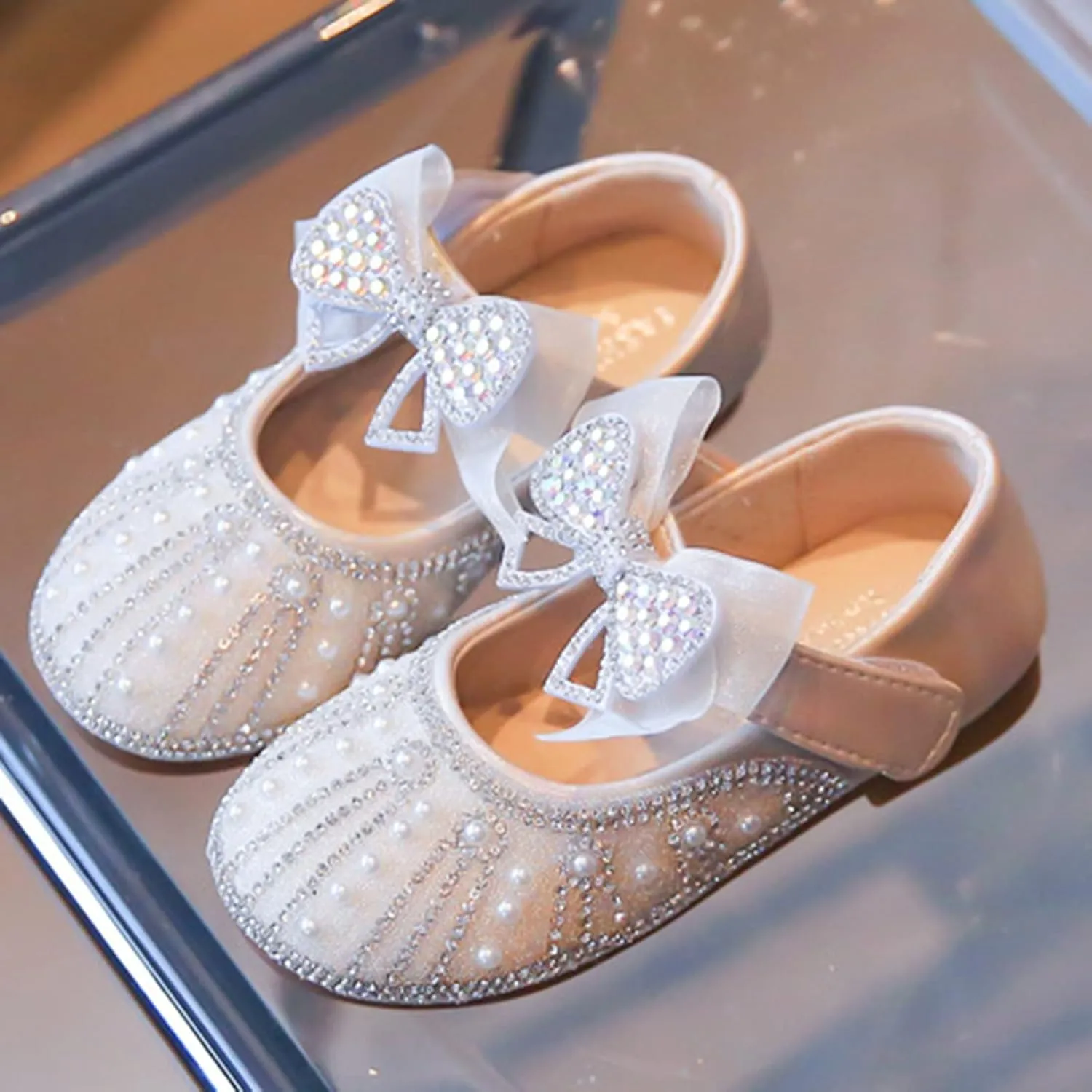 Children Girls Small Leather Shoes Soft Soles Fashion Princess Glittery Shoes Inlaid with Pearls and Diamonds
