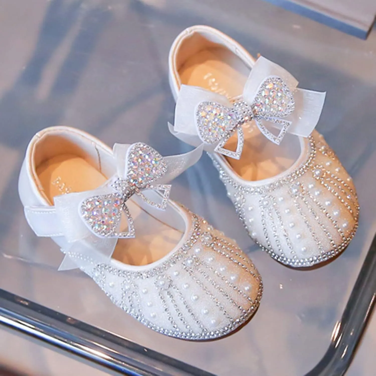 Children Girls Small Leather Shoes Soft Soles Fashion Princess Glittery Shoes Inlaid with Pearls and Diamonds