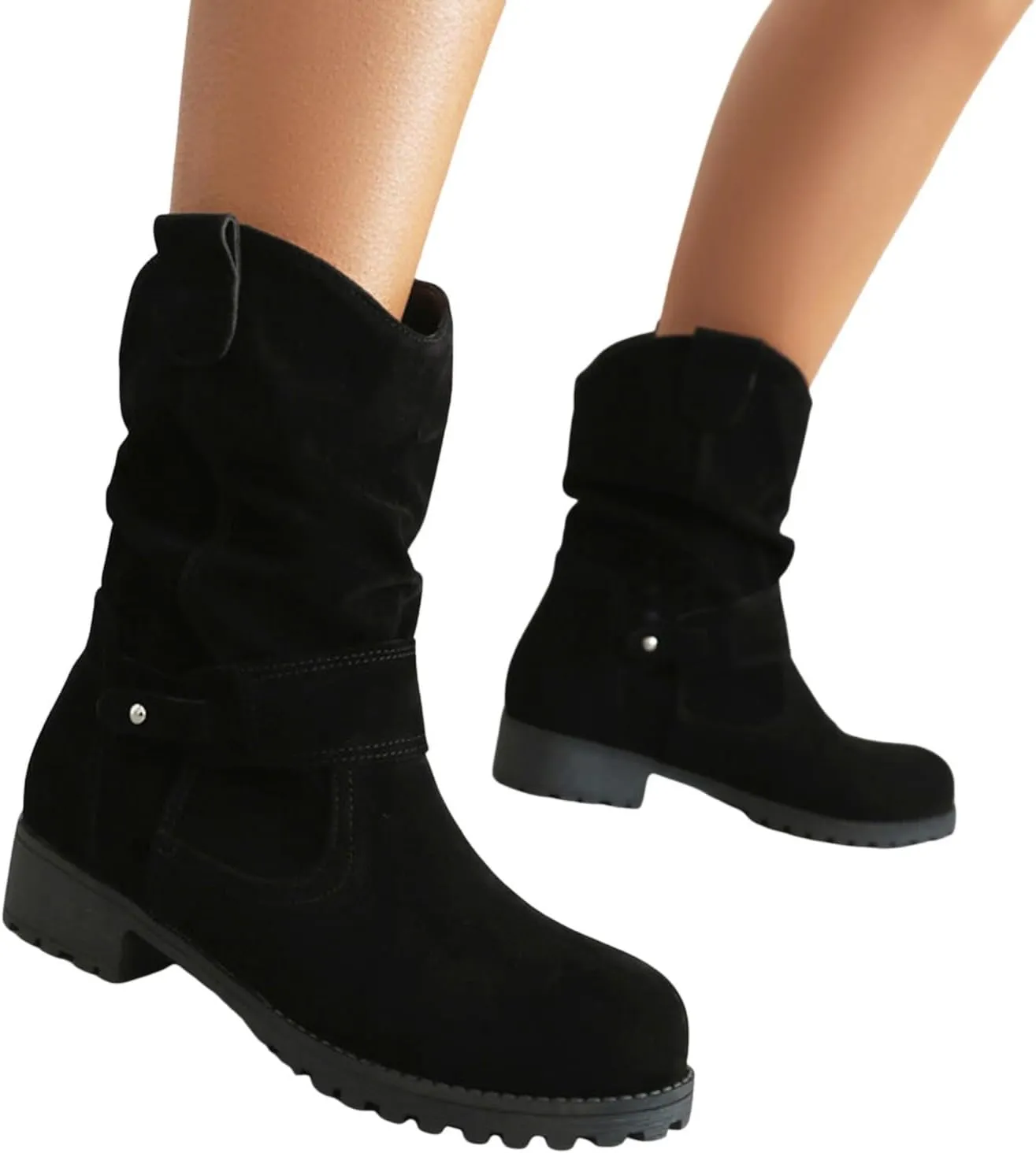 Cowboy Boots for Women, Fashion Slip-On Combat Biker Ankle Boots Winter Ankle Boots With Buckle PU Leather Half Boots