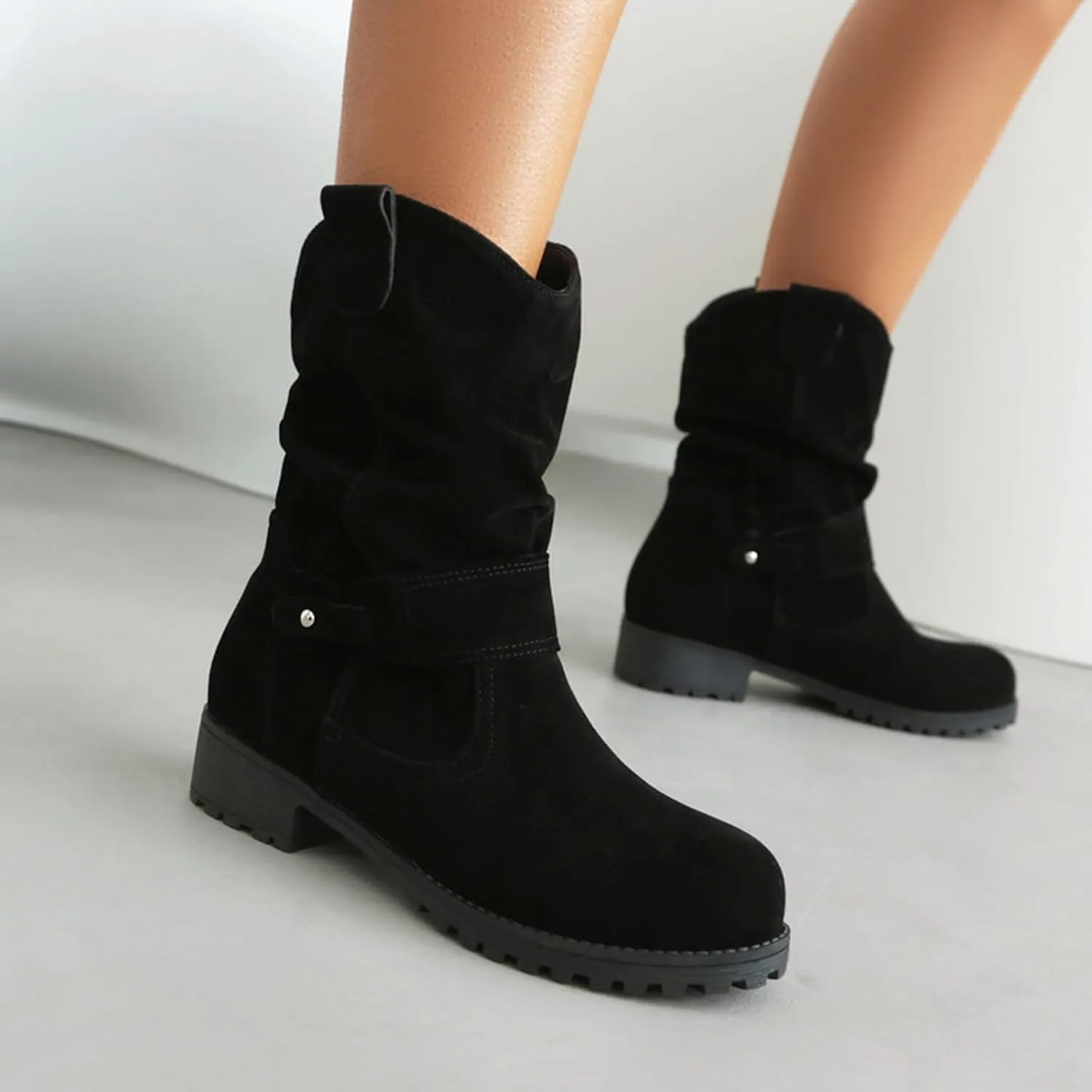 Cowboy Boots for Women, Fashion Slip-On Combat Biker Ankle Boots Winter Ankle Boots With Buckle PU Leather Half Boots