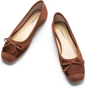 C.Paravano Women's Flats with Bowknot | Casual Slip On Dress Shoes | Comfortable Square Toe Brown Shoes | Women Ballet Flats for Wedding Work Office Business (Size 6.5,Brown)