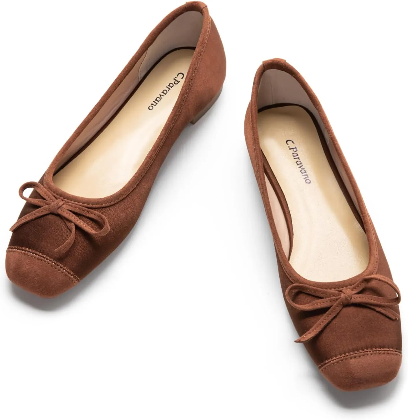 C.Paravano Women's Flats with Bowknot | Casual Slip On Dress Shoes | Comfortable Square Toe Brown Shoes | Women Ballet Flats for Wedding Work Office Business (Size 6.5,Brown)