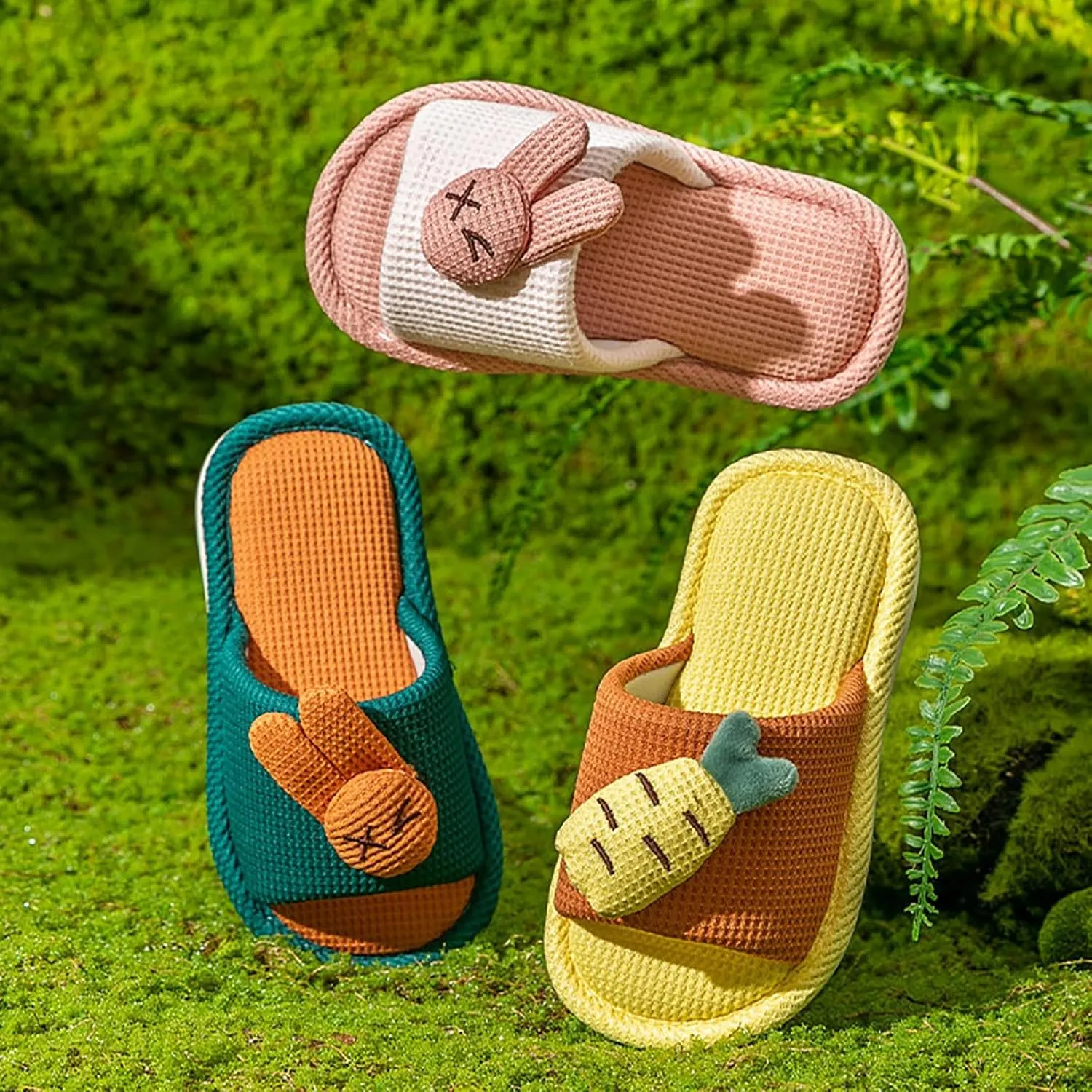 Cute Bunny Cotton Linen Slippers for Kids Girls Aesthetic Comfy Soft Sole Slip On Open Toe Indoor House Home Slides